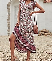 abordables -Femme Robe mi-longue Robe casual Robe Trapèze robe boheme mode Décontractées Vacances du quotidien Standard Floral Manche Courte Col V Rouge Bordeaux Eté