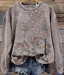 abordables -Mujer Sudaderas Floral Casual Manga Larga Escote Redondo Tops regulares Trabajo Uso Diario Casual Estampado Gris Otoño Invierno