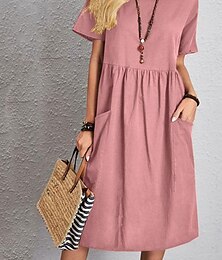 economico -Per donna Abito Midi Abito Lungo Maxi Abito Abiti in cotone e lino Elegante Essenziale Casual Vacanza Feste Lavoro Vestibilità regolare Semplice Manica Corta Girocollo Rosa Marrone chiaro Cachi Blu