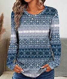 baratos -Mulheres Camiseta Gráfico Geométrica Casual Manga Longa Gola Redonda Tops regulares Diário Imprimir Azul empoeirado Primavera Outono