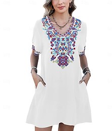 levne -Valentýn Dámské Běžný Mini šaty Boho Chic šaty Áčkové šaty Boho šaty Čechy stylové Klasické Rukávy po loket Dovolená Párty Denní Tvarovaný potah Geometrický Bez vzoru Krátký rukáv Do V Černá Bílá Léto