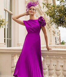 economico -Abito A-Line per la madre della sposa Abito Elegante Vintage Scollo rotondo Asimmetrico Lungo tè in chiffon elasticizzato Manica corta con applicazioni arricciate Abiti da chiesa Corse Abito midi 2025