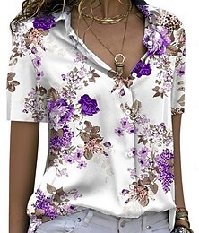 economico -Per donna Camicia Blusa Floreale Moda Informale Manica corta Colletto Top regolari Giornaliero Bottoni Stampa Blu Viola Verde Estate Primavera