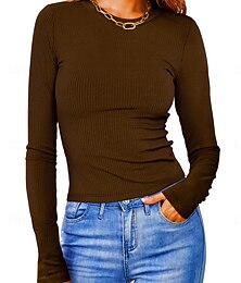 abordables -Mujer Polo Camiseta Plano Vintage Moda Manga Larga Escote Redondo Tops cortos Diario Noche Negro Blanco Rosa Verde Ejército Rojo Primavera Otoño Invierno