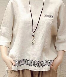 baratos -Mulheres Camisa Social Blusa Camisas de algodão e linho Geométrica Básico Casual Manga 3/4 Gola Redonda Tops regulares Diário Patchwork Branco Marron Verde Verão Primavera