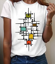 abordables -Mujer Camiseta Geométrico Casual Manga Larga Cuello Barco Tops regulares Diario Botones Estampado Asimétrico Blanco Primavera Otoño