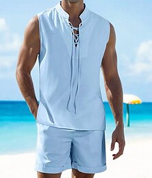 economico -Per uomo 2 pezzi Completo di camicia Set estivo Set abbinati Abbigliamento mare Liscio Da mare Giornaliero Nero Bianco Blu marino Cachi Senza maniche Colletto Estate Abbigliamento