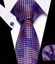 abordables -Conjunto de corbata y pañuelo de bolsillo de seda a cuadros morados para hombre: elegante y con estilo, perfecto para bodas, negocios y ocasiones formales