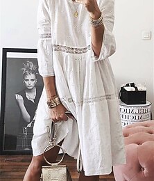 abordables -Femmes Robe Longue Maxi Robe Robes en coton et lin Robe Décontractée Élégant Basique Occasionnel Vacances Quotidien Coupe Ample Uni Manche 3/4 Col ras du cou Blanche Jaune Bleu Violet Été Printemps