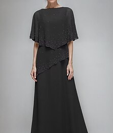 abordables -Robe de la mère de la mariée forme A élégante simple col ras du cou longueur sol chiffon manches demi-longues avec volants en dentelle