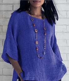 preiswerte -Damen Hemd Bluse Baumwoll-Leinen-Hemden Einfarbig Basic Lässig Dreiviertelarm Rundhalsausschnitt Normale Oberteile Täglich Gras-Grün Schwarz Weiß Hellgrün Rosa Sommer