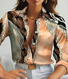 abordables -Chemise pour femmes tunique à boutons col manches longues graphique marbre quotidien élégant longs tops impression marron clair printemps