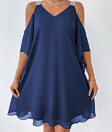 levne -Dámské Mini šaty Koktejlky Šaty pro svatební hosty Šifonové šaty Elegantní Studené rameno Denní Volný Pevná barva Bez rukávů Do V Námořnická modř Léto Jaro Podzim