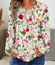 economico -Per donna Maglietta Floreale Grafico Casual Manica Lunga Girocollo Top Regolari Quotidiano Stampato Bianco sporco Primavera Autunno