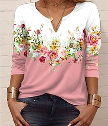 baratos -Mulheres Camiseta Floral Casual Manga Longa Pescoço Entalhado Tops regulares Diário Imprimir Rosa Primavera Outono