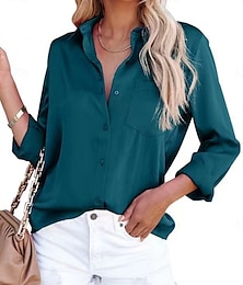 economico -Per donna Camicia Blusa Tinta unica Moda Informale Manica lunga Colletto Top regolari Giornaliero Bottoni Tasche Blu marino Verde Estate Primavera Autunno