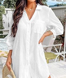 abordables -Femme Maillots de Bain Vêtement couvrant Robe de Bain Maillot de bain Boutons Poche Vacances Tenues de plage Couleur unie Col V manche longue Maillots de bain
