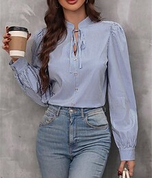 preiswerte -Damen Hemd Bluse Patchwork Gestreift Stilvoll Lässig Langarm V Ausschnitt Normale Oberteile Täglich Arbeit Ausgehen Blau Rosa Grün Khaki Sommer Frühling Herbst
