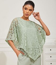 economico -Per donna Blusa Top eleganti Liscio Elegante Mezza manica Girocollo Top regolari Invitati del matrimonio Giornaliero Pizzo Collage Multistrato Verde salvia Estate Primavera
