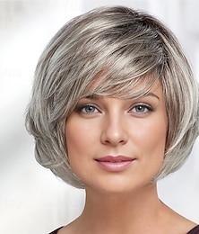 economico -parrucca laurel whisperlite parrucca haute bob con frangia che sfiora le sopracciglia e strati angolati / sfumature multitonali di biondo argento marrone e rosso