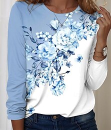 abordables -Mujer Camiseta Floral Graphic Casual Manga Larga Cuello Barco Tops regulares Diario Estampado Azul cielo Primavera Otoño