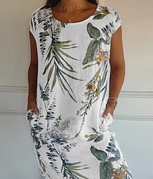economico -Per donna Abito Midi Abiti ispirati al lino Vestito Casual Abito in cotone e lino Abito in cotone Essenziale Casual Vacanza Quotidiano Vestibilità regolare Floreale Manica Corta Girocollo Bianco Blu