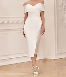 economico -Abiti bianchi per l'impegno piccola laurea abiti da sposa mermaid  tromba scollatura off-shoulder manica corta lunghezza tè satinato abiti da sposa con arricciato