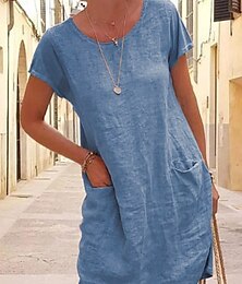 economico -Per donna Mini Abito Abiti in cotone e lino Vestito Casual Vestito T-Shirt Essenziale Casual Vacanza Quotidiano Vestibilità regolare Semplice Manica Corta Girocollo Nero Blu Cachi Grigio Estate