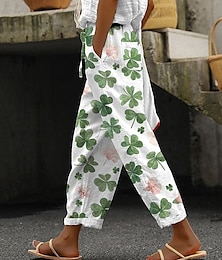 preiswerte -Damen Hose aus Baumwollleinen Hosen Hose Leicht Lässig Volle Länge Mittlere Hüfthöhe Grafik Kleeblatt Tasche Kordelzug Atmungsaktivität Bequem Unelastisch Alltagstauglich Wochenende Grün Grün Sommer