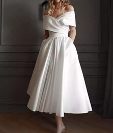 economico -Fidanzamento Piccoli Abiti Bianchi Abiti da Matrimonio A-Line Spalle Scoperte Maniche Corte Lunghezza Tea Seta Abiti da Sposa con Pieghe Arricciate