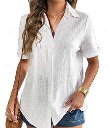 economico -Per donna Camicia Camicie di cotone e lino Abbottonare Blusa Tinta unica Elegante Casual Manica Corta Colletto a Camicia Top Regolari Quotidiano Bottoni Bianco Blu Estate Primavera