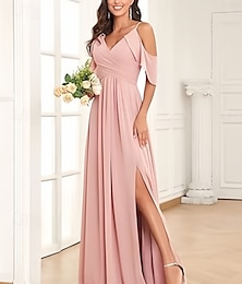 economico -Abito da damigella A-Line scollatura a V/maniche a spaghetto maniche corte elegante lungo fino al pavimento in chiffon con apertura anteriore/arricciature