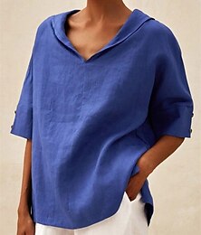 economico -Per donna Camicia Blusa Camicie di cotone e lino Tinta unica Essenziale Casual Manica 3/4 Con Cappuccio Top Regolari Quotidiano Bottoni Bianco Blu Estate