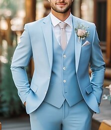 economico -Completi da matrimonio estivi da uomo in cielo blu sagomato a tinta unita a 3 pezzi con abbottonatura singola a due bottoni