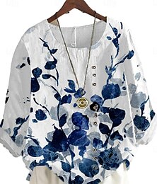 economico -Per donna Camicie ispirate al lino Blusa Floreale Elegante Casual Manica Lunga Girocollo Top Regolari Quotidiano Uscire Stampato Bianco Blu turchese Azzurro Estate Primavera Autunno