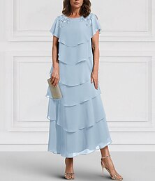 abordables -Robe A-Ligne Mère de la mariée Invité de mariage Élégante Cacher ventre Col ras du cou Longueur cheville Chiffon Manches courtes avec dentelle Tiers volants Robe Midi