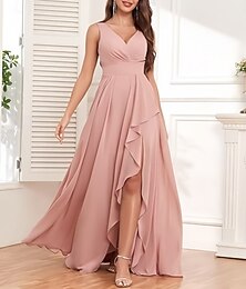 preiswerte -A-Linie Brautjungfernkleid V Ausschnitt Ärmellos Elegant Bodenlang Chiffon mit Rüschen / Geteilter Vorderteil / Raffung 2022