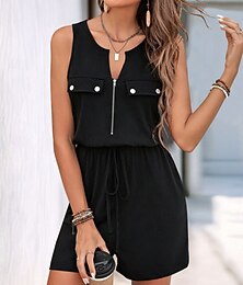 abordables -Femme Normal Combishort Actif Couleur unie Sans Manches Col Rond Zippé Poche Vacances du quotidien Standard Noir Eté