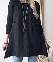 economico -Per donna Camicia Camicie ispirate al lino Blusa Tinta unica Elegante Casual Manica 3/4 Girocollo Top Regolari Quotidiano Tasca Nero Cachi Estate