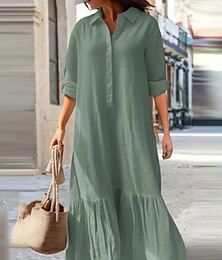 economico -Per donna Abito maxi Abiti in cotone e lino Abito Camicia Vestito Casual Essenziale Casual Vacanza Quotidiano Vestibilità regolare Semplice Manica Lunga Scollo a V Rosa Verde Cachi Blu scuro Estate