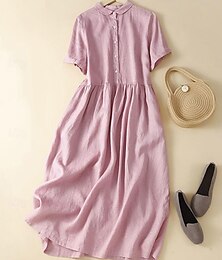 abordables -Femmes Robe Midi Robes en coton et lin Robe Chemise Robe Décontractée Robe évasée Basique Occasionnel Vacances Quotidien Coupe régulière Uni Manche Courte Col de chemise Jaune Rose Claire Été
