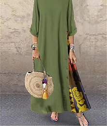 abordables -Femmes Robe maxi Robes en coton et lin Robe Décontractée ancien Élégant Ethnique Vacances Quotidien Coupe Ample Fleuri Manche 3/4 Col ras du cou Jaune Vin Kaki Vert Véronèse Printemps Automne