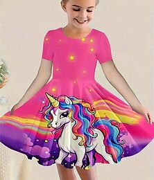 cheap -Girls' 3D Graphic Unicorn Dress Short Sleeve Summer Spring Vacation Daily Holiday Princess Beautiful Sweet Kids 4-12 Years Casual Dress A Line Dress Knee-length Regular Fit