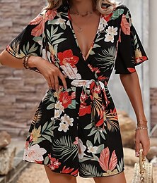 abordables -Femme Normal Combishort Actif Floral Manche Courte Col V Taille haute Imprimer Vacances du quotidien Standard Noir Vert Eté