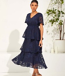 ieftine -Pentru femei Rochie Maxi Rochie A line Elegant Oficial Cu Mâneci Largi Invitat la nunta Petrecere cu cocktail Fit regulat Simplu Manșon scurt În V Albastru Închis Vară