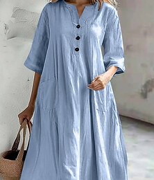 economico -Per donna Abito Midi Abiti in cotone e lino Essenziale Casual Vacanza Quotidiano Vestibilità regolare Semplice Manica 3/4 Collo a V Nero Rosso Viola Azzurro Estate