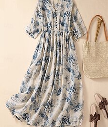 economico -Per donna Abito maxi Abiti in cotone e lino Vestito Casual Vestito a ruota Abito lungo in cotone Essenziale Casual Vacanza Quotidiano Vestibilità regolare Floreale Manica Corta Scollo a V Cachi Estate