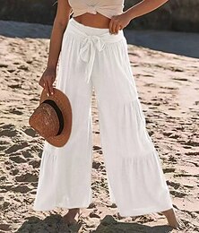 abordables -Mujer Pantalones de lino y algodón Chinos Polainas Moda Ropa de calle Longitud total Alta cintura Plano Cintura elástica Confortable Suave Cómodo Microelástico Exterior Calle Blanco Azul Verde Trébol