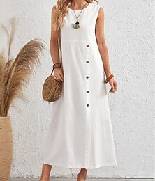 abordables -Femmes Robe maxi Robes en coton et lin Basique Occasionnel Vacances Quotidien Coupe régulière Uni Sans manches Col ras du cou Blanche Été