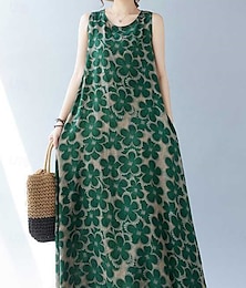 economico -Per donna Abito maxi Abiti in cotone e lino Vestito Casual Vestito a ruota Vestito Canotta Essenziale Casual Vacanza Quotidiano Vestibilità regolare Floreale Senza Maniche Girocollo Verde Estate